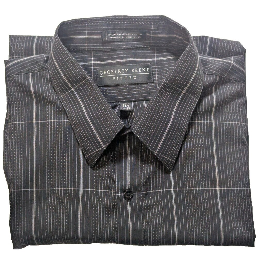 VTG Geoffrey Beane Dress Shirt Mens 17.5 34/35 Black Gray Grid Windowpane NOS